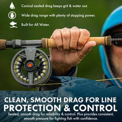 LAMSON Liquid -3+ S-Series Daybreak spool and arbor support fast line pickup.