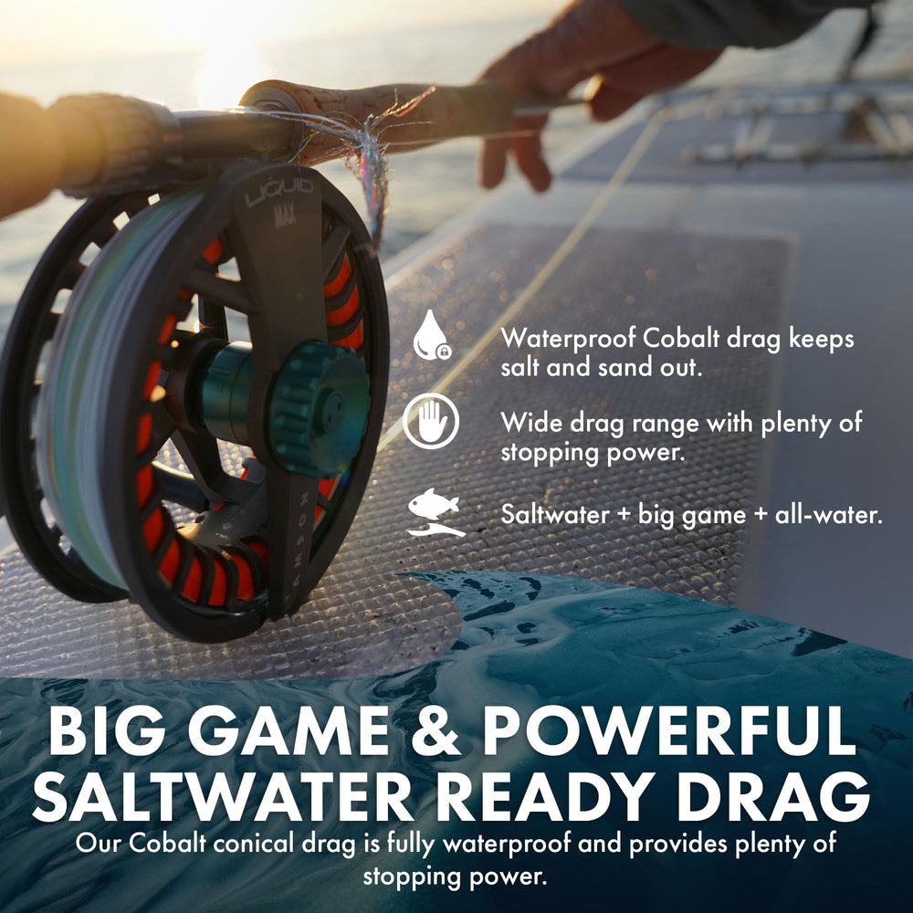 Lamson Liquid Max 10wt ultra-large arbor closeup enables fast line retrieval and reduced memory.