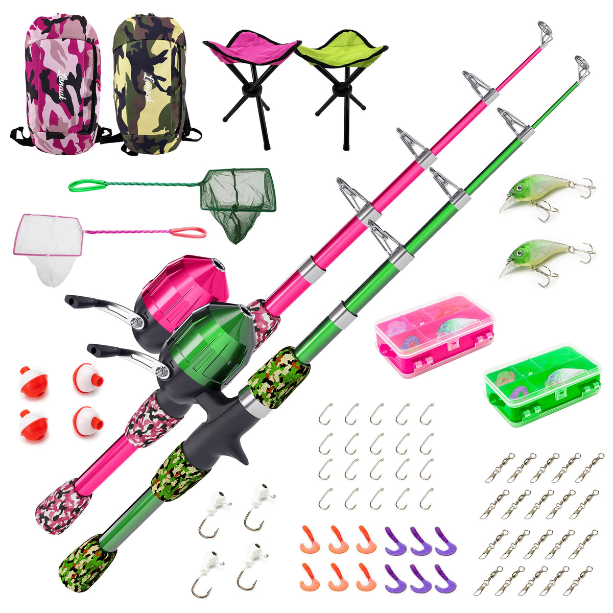 Lanaak 2-pack kids telescopic fishing poles in camo pink and green