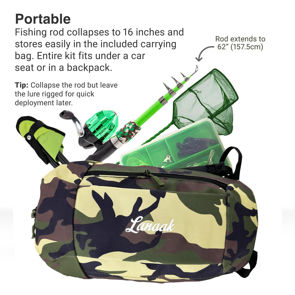 Lanaak camo-green tackle box open with assorted gear for young anglers.