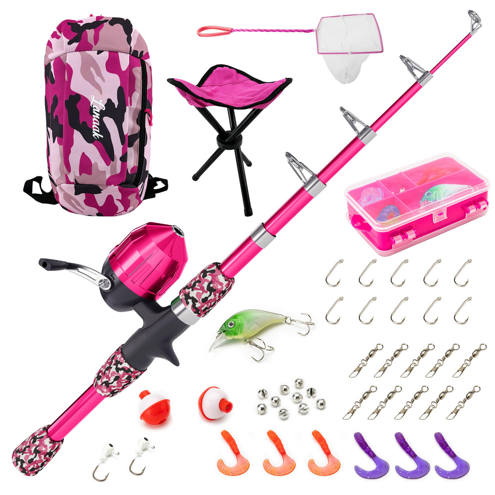 Lanaak kids fishing pole camo pink with carrying bag