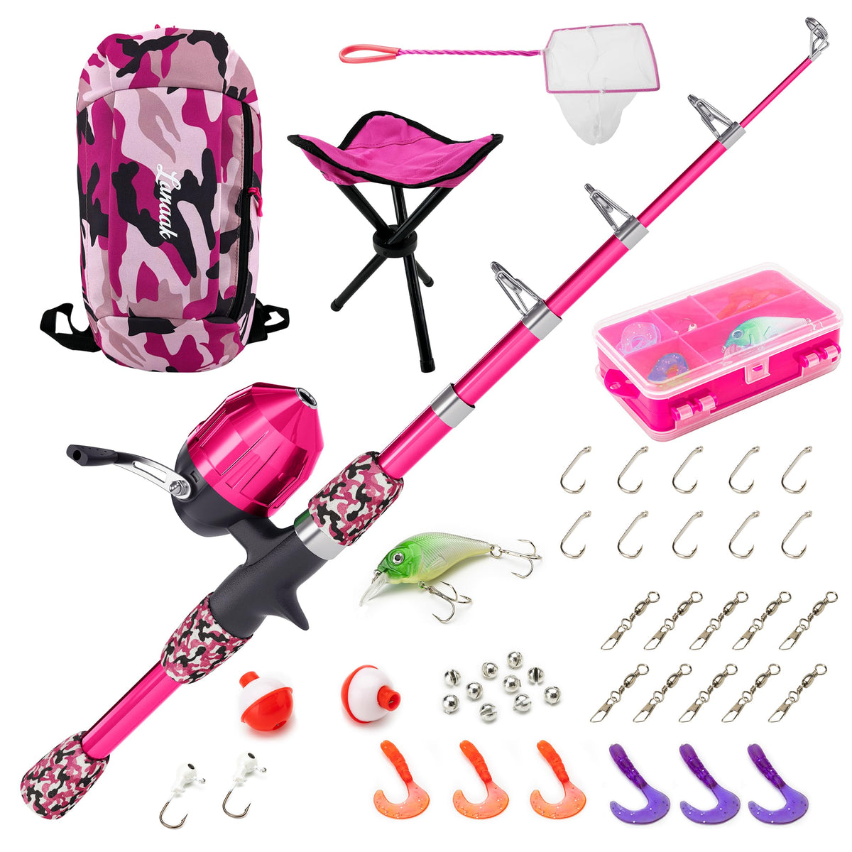 Lanaak kids fishing pole camo pink with carrying bag