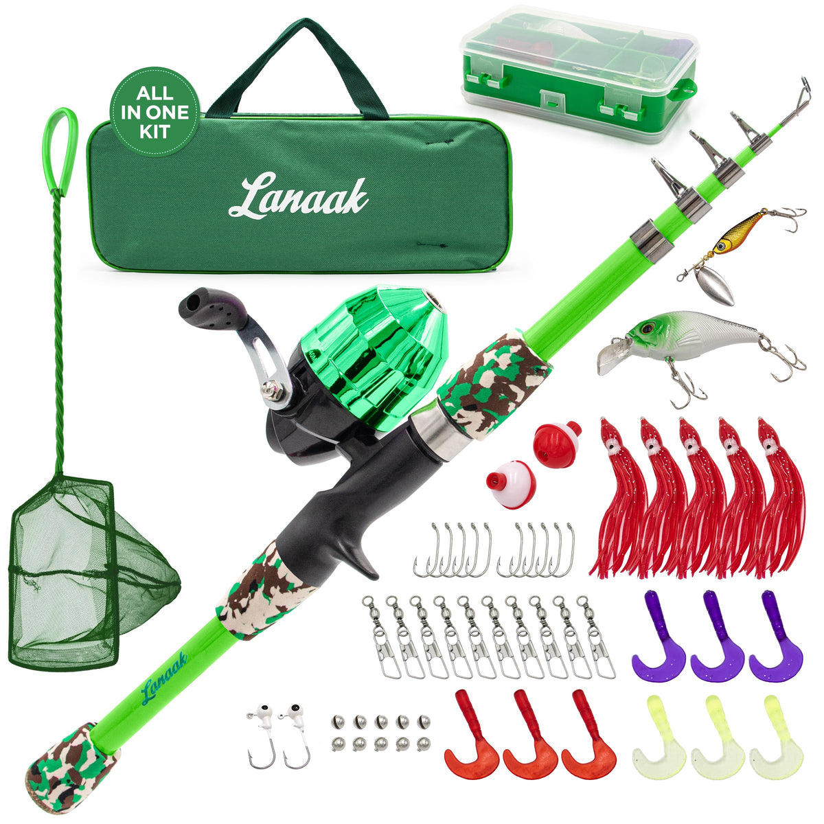 Lanaak Kids Fishing Pole Green Telescopic Rod