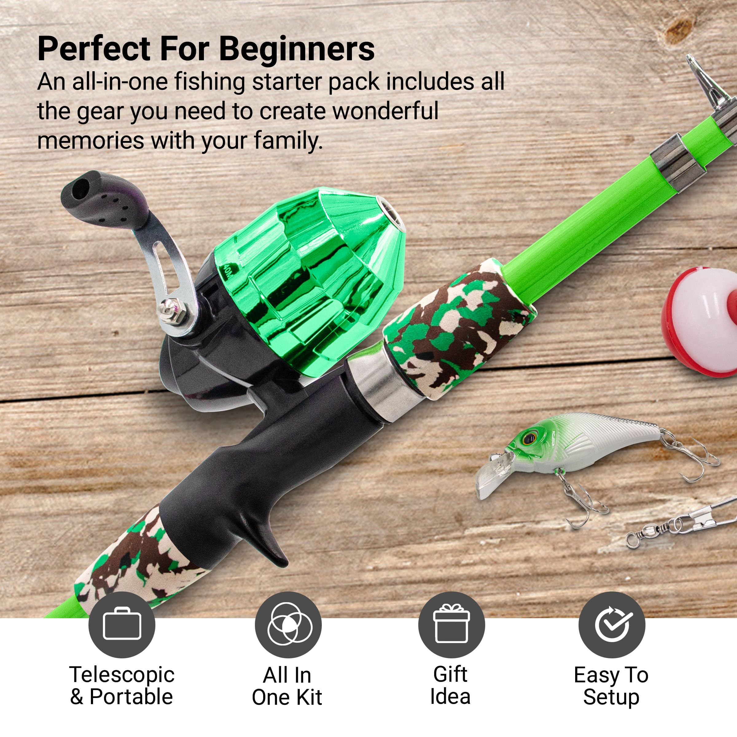 65-inch Green Telescopic Rod with Reel for Kids