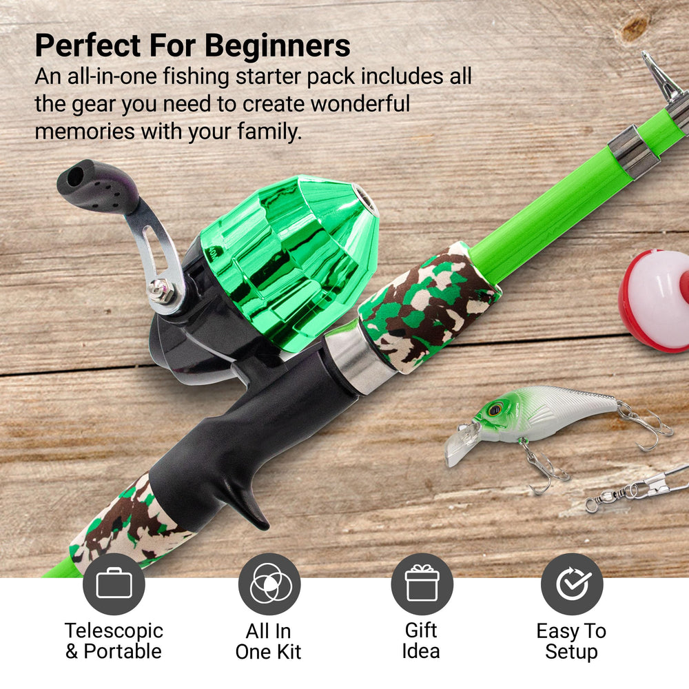 Lanaak green rod and reel with carrying bag for easy travel.