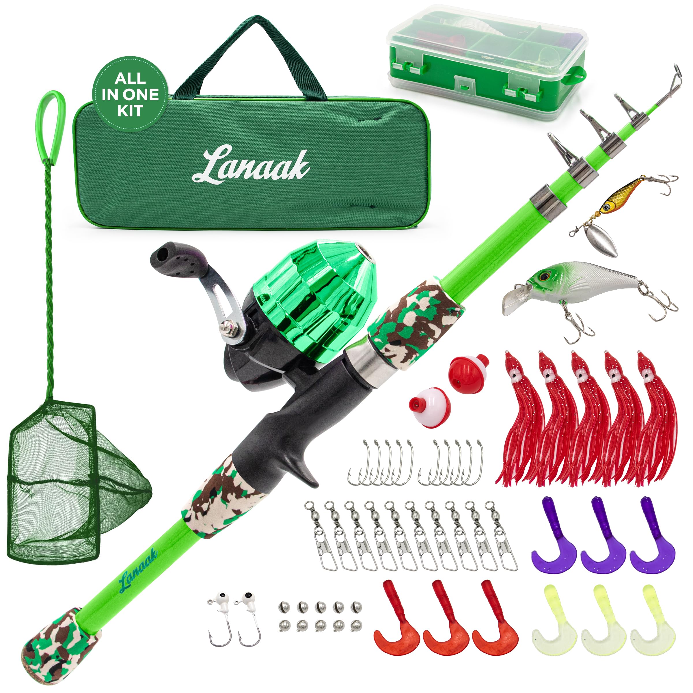 Lanaak kids fishing pole green setup with tackle box for beginner fishing.