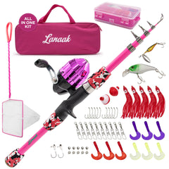 Lanaak kids fishing pole pink extended rod for easy backyard practice