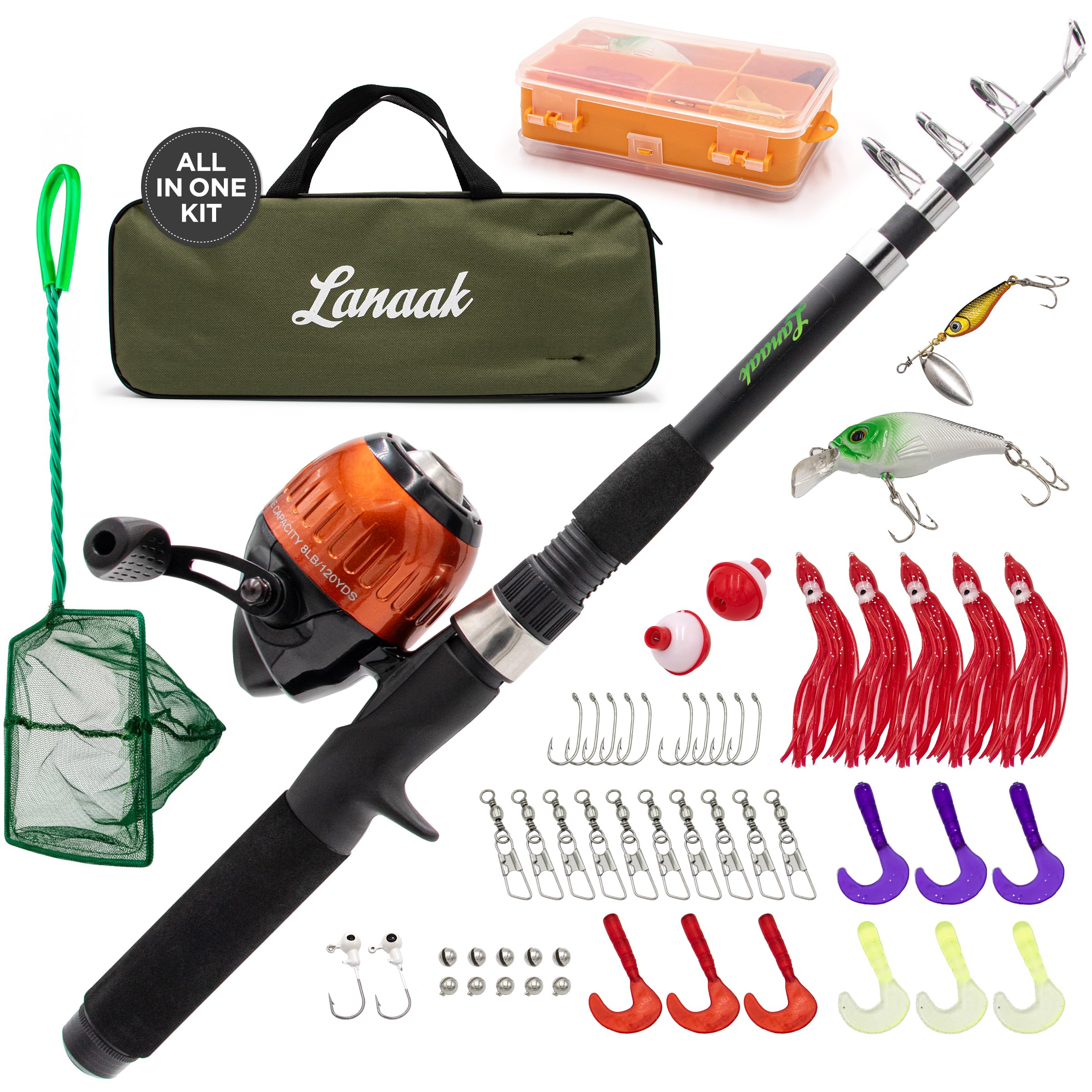 Lanaak Kids fishing pole rod - 65-inch telescopic design for easy travel and kid-friendly casting.