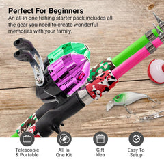 Kids fishing rod with pre-spooled reel in green and pink