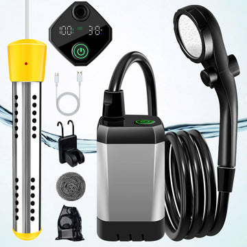 LanBlu portable shower heater assembly delivers quick warm water on demand.
