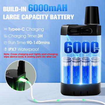 LanBlu portable shower heater battery display shows power level for on-the-go use.