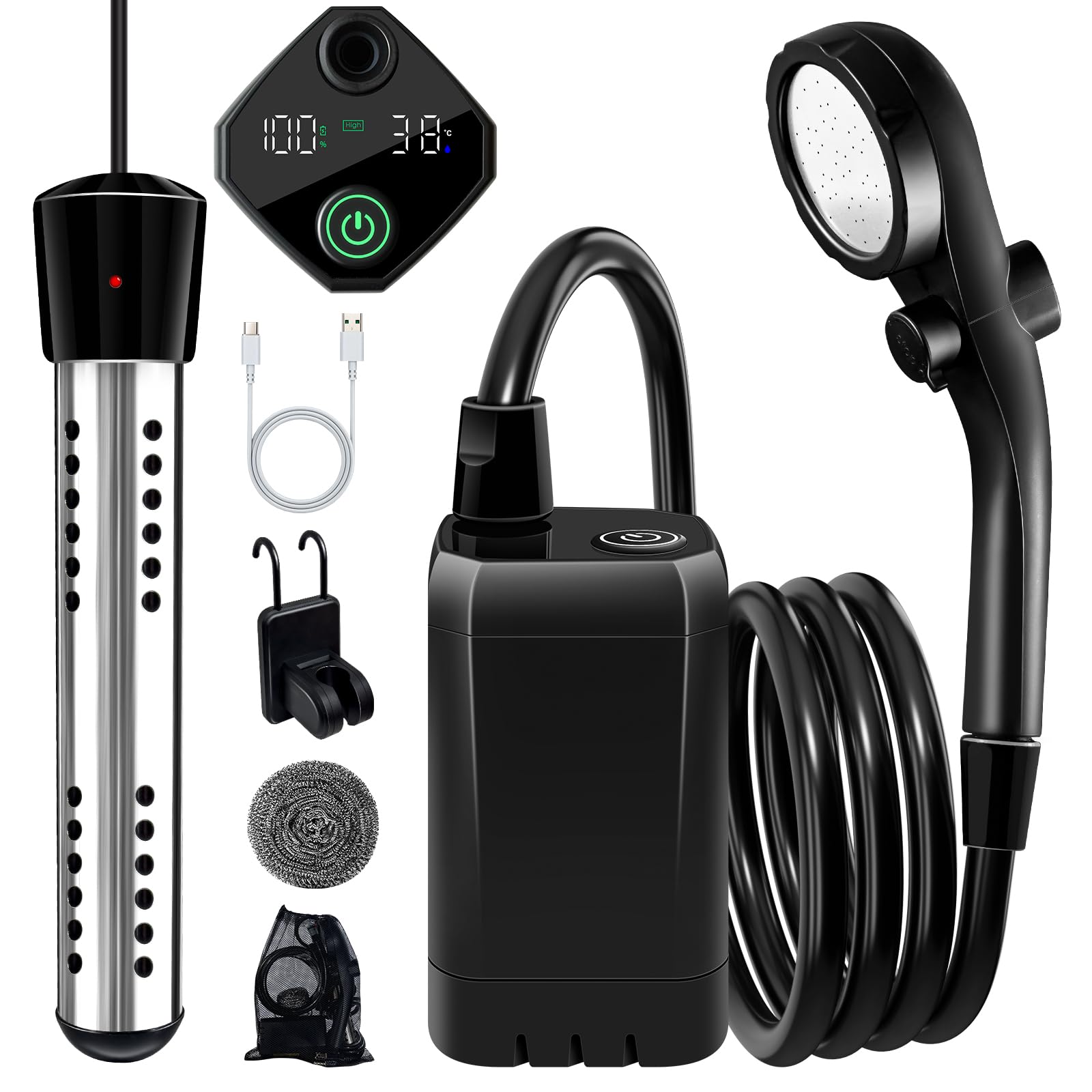 LanBlu portable shower heater front view showing compact, travel-ready design.