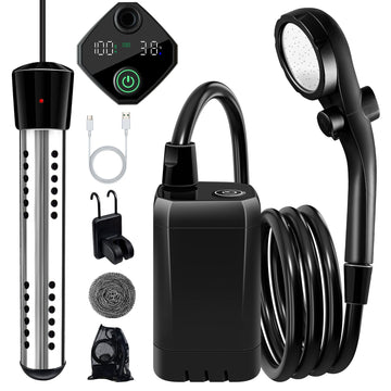 LanBlu portable shower heater front view showing compact, travel-ready design.