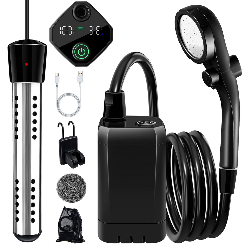 LanBlu portable shower heater front view showing compact, travel-ready design.