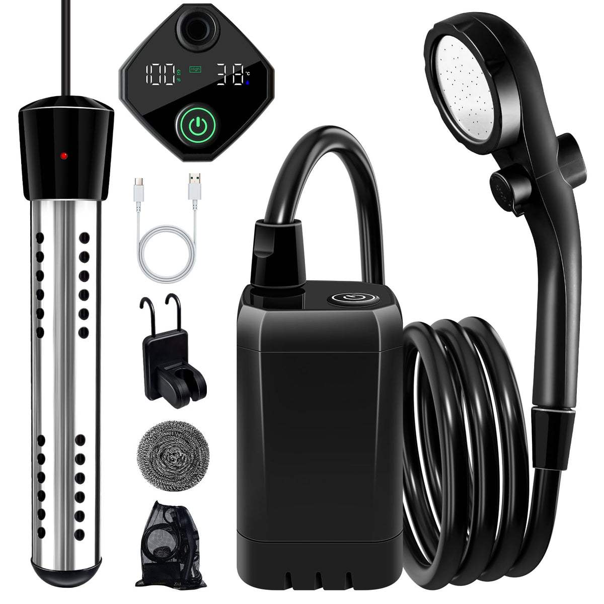 LanBlu portable shower heater front view showing compact, travel-ready design.