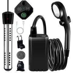 LanBlu portable shower heater front view showing compact, travel-ready design.
