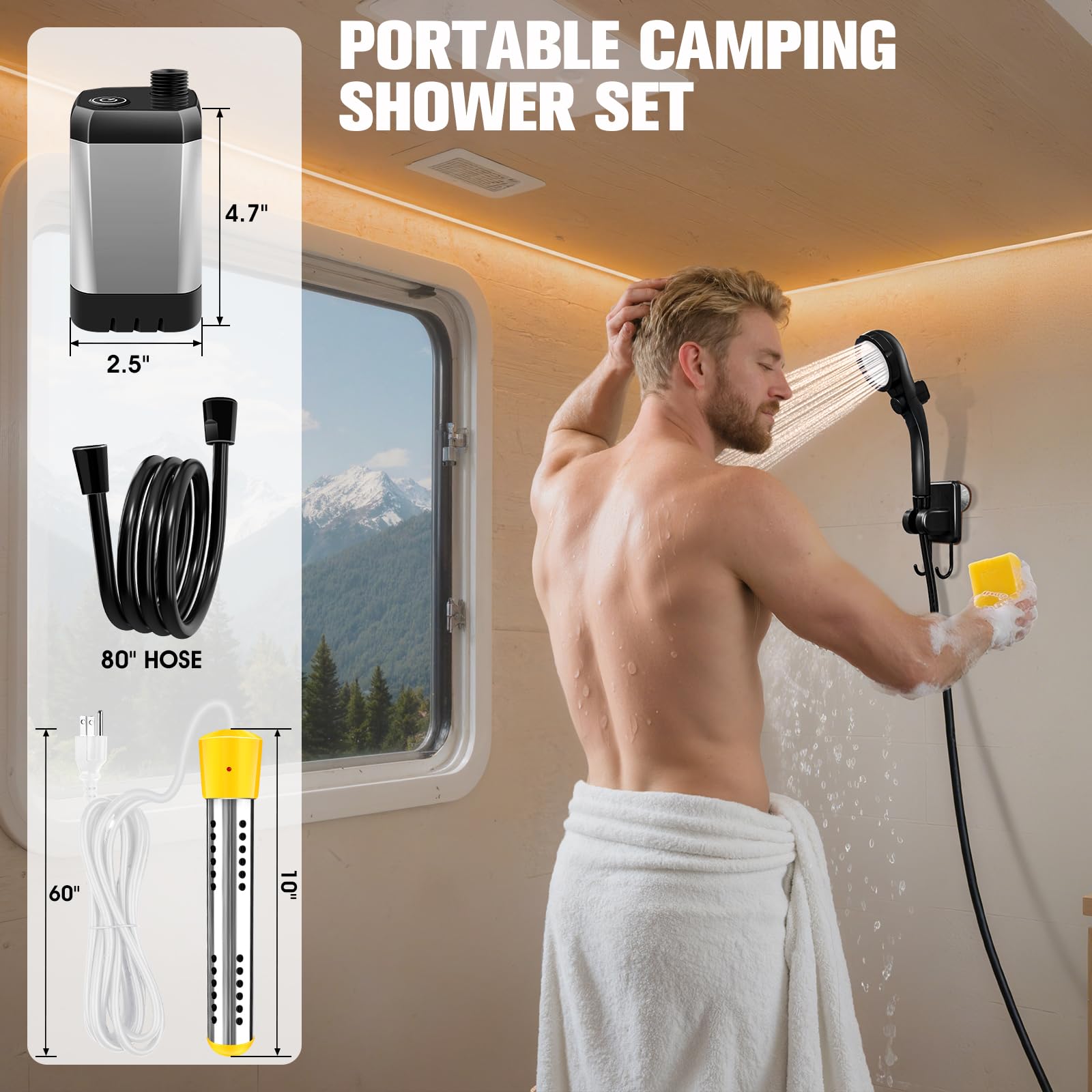 LanBlu portable shower Type-C charging supports flexible power options.