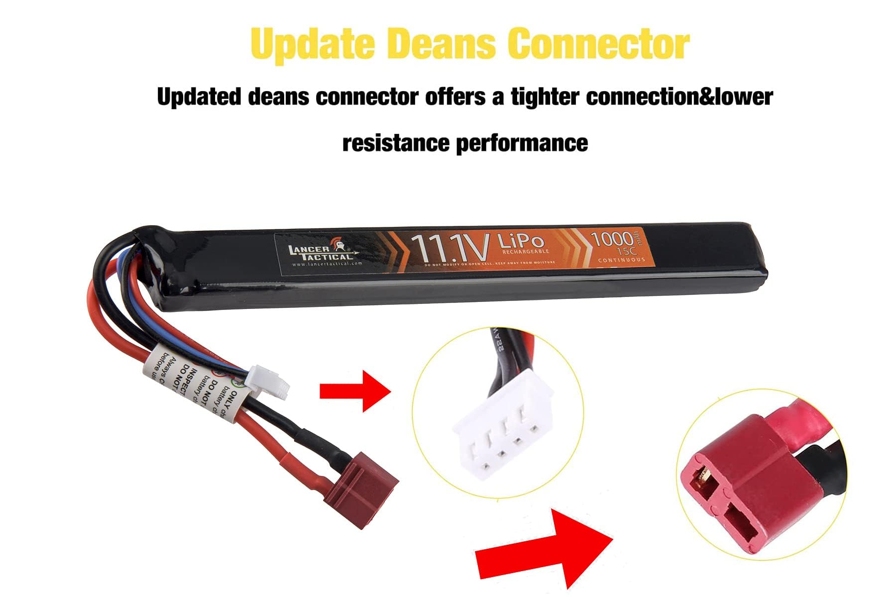 Lancer Tactical LiPo battery connected with Dean plug for reliable charging.