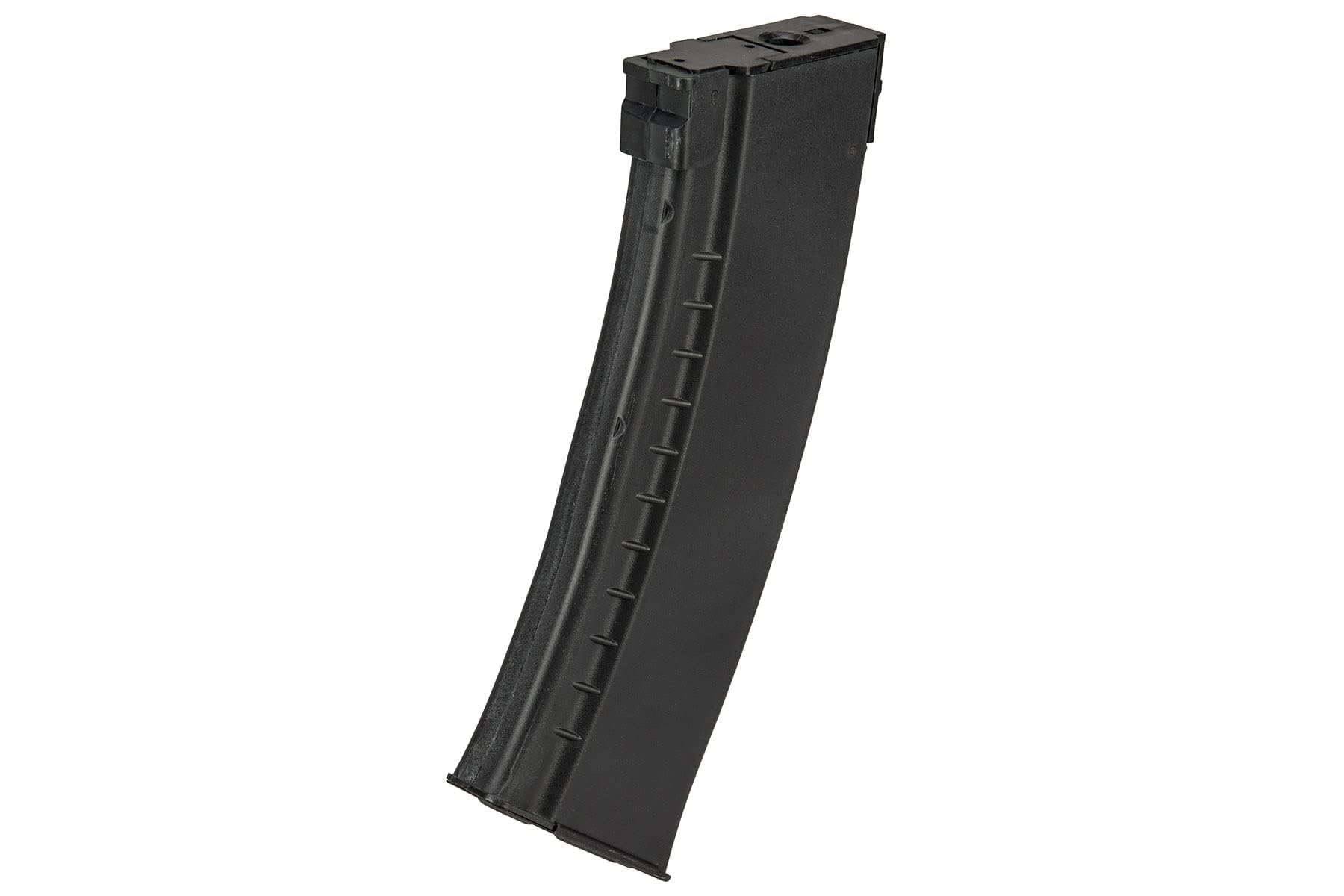 Lancer Tactical 420-round AK hi-capacity magazine in black, side view showing rugged grip texture.