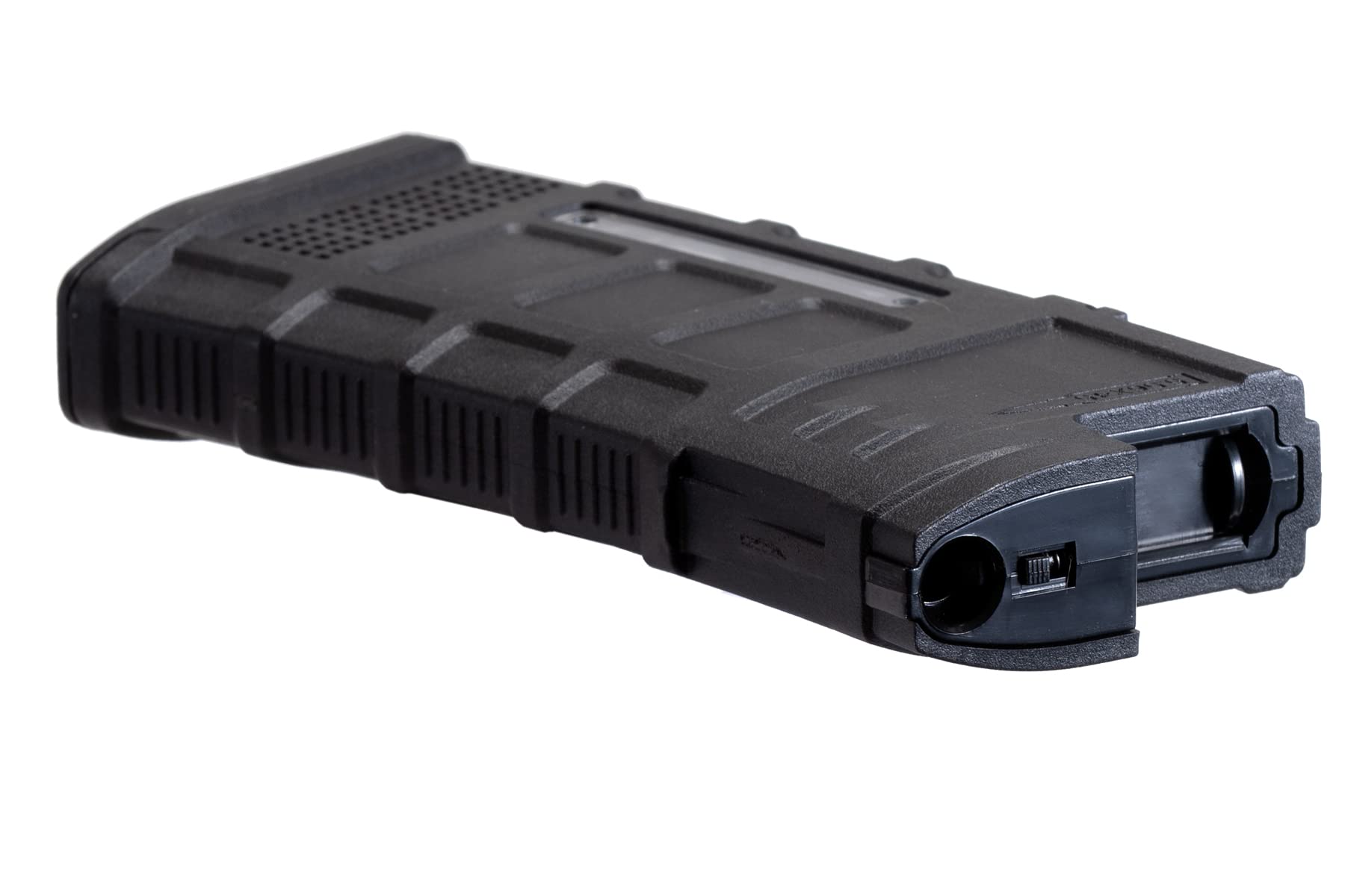 Close-up of wind wheel on Lancer Tactical magazine enables quick winding.