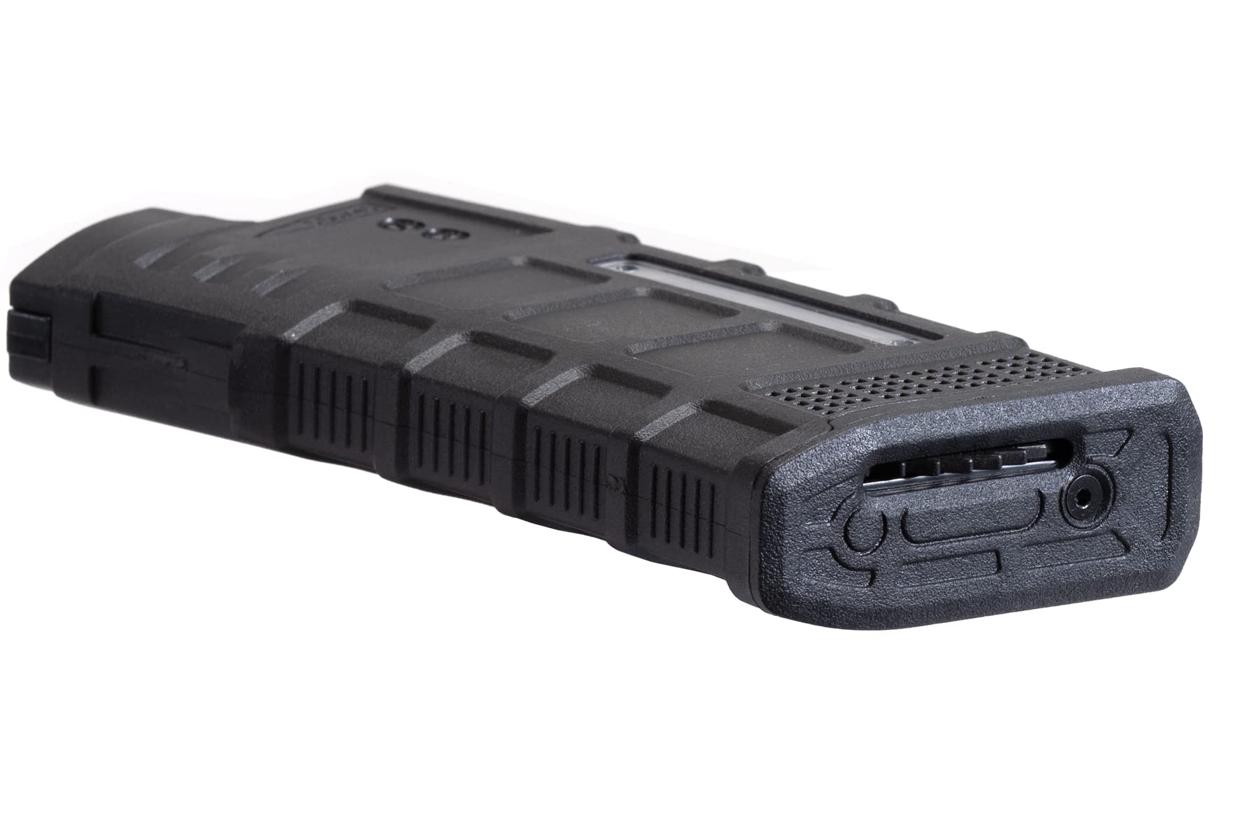 Windowed panel on Lancer Tactical AUG mag shows remaining rounds at a glance.