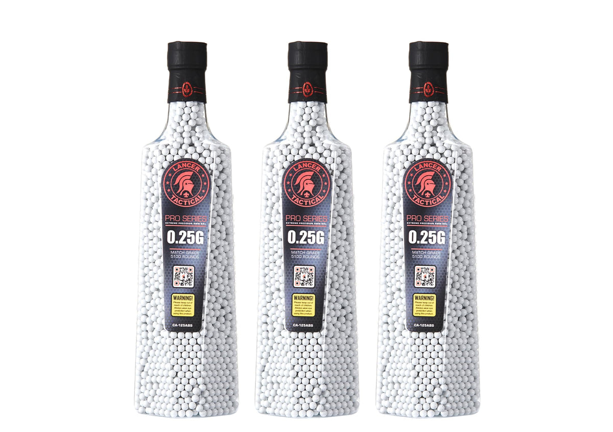 Lancer Tactical three-pack BBS bottles for field-ready 0.25g ammo.