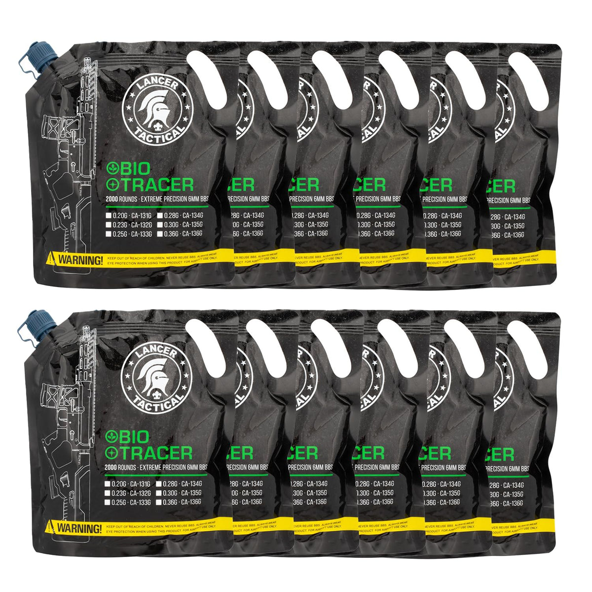 Lancer Tactical green glow 0.20g tracer BBs for outdoor MilSim, 2000 rounds in a 12-pack