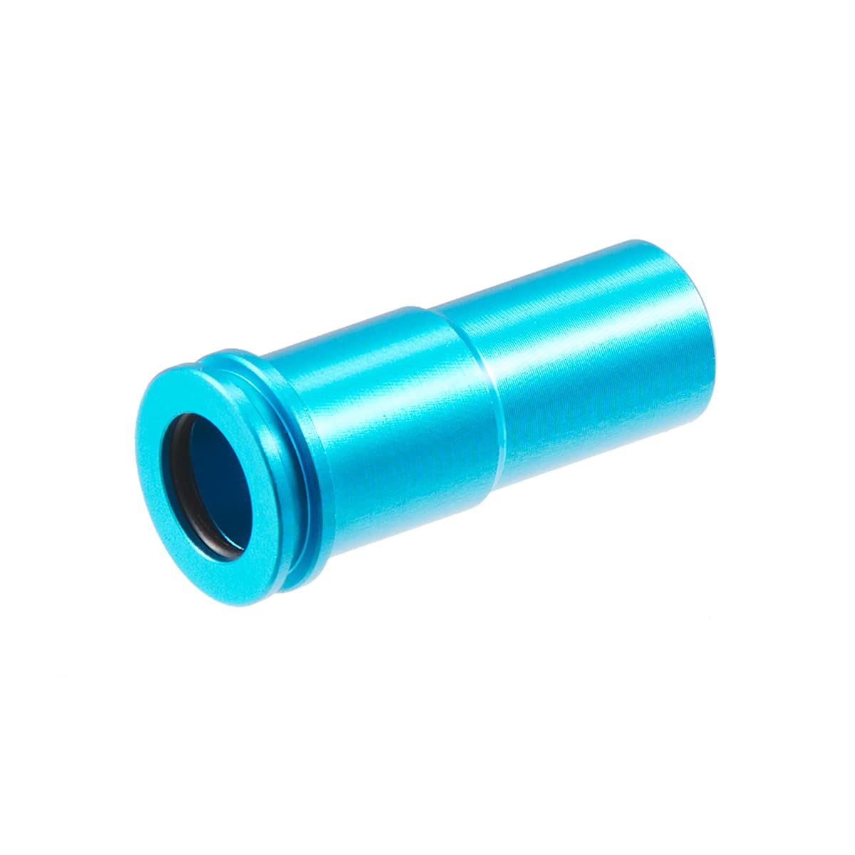 Lancer Tactical blue air nozzle installed on M4 AEG, improving seal and air efficiency.