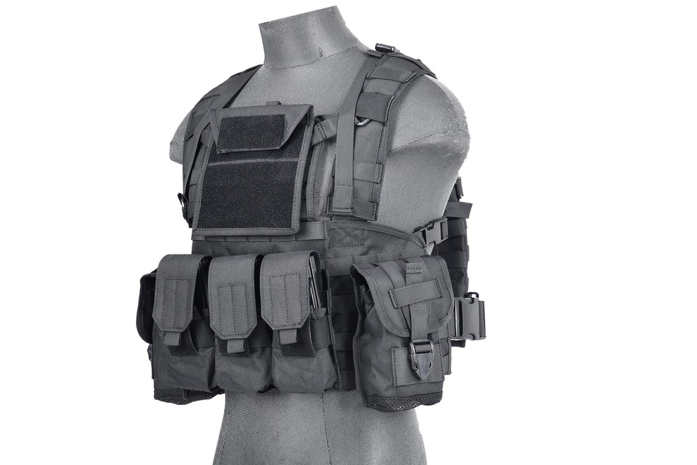 Lancer Tactical chest rig displaying MOLLE compatibility and strap setup options.