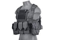 Lancer Tactical chest rig displaying MOLLE compatibility and strap setup options.