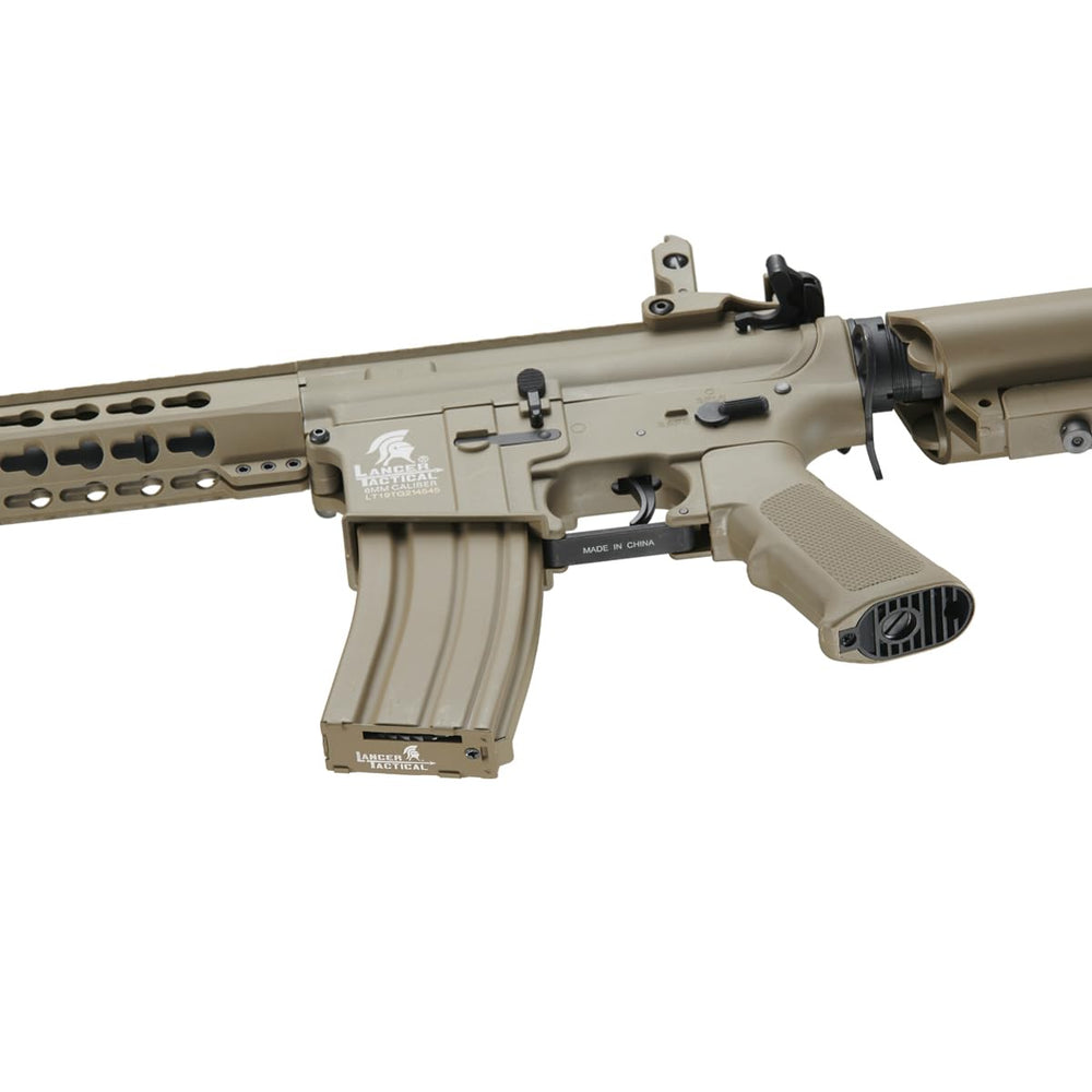 Lancer Tactical Gen 2 M4 Carbine flip-up sights for quick targeting.