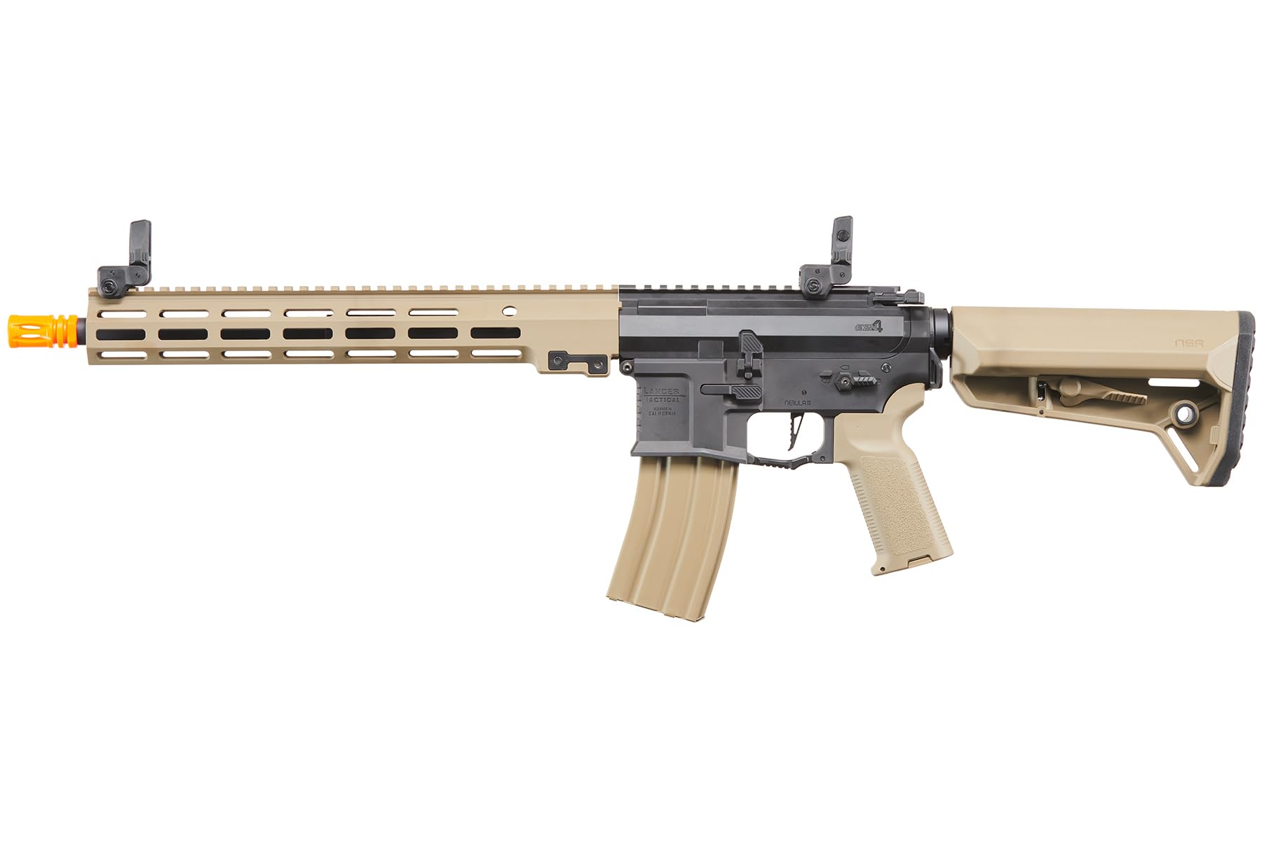 Lancer Tactical Gen 4 Nebula II ETU Predator Stalker receiver in tan boosts durability for outdoor skirmishes.