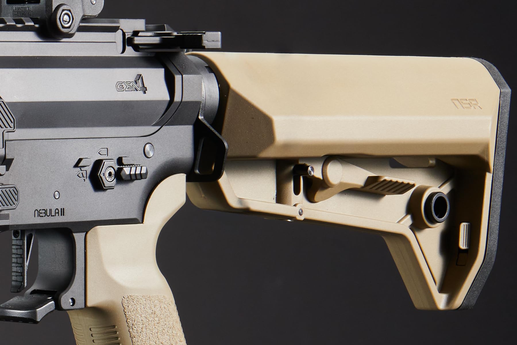 Lancer Tactical Gen 4 Nebula II flip-up sights support fast target acquisition.
