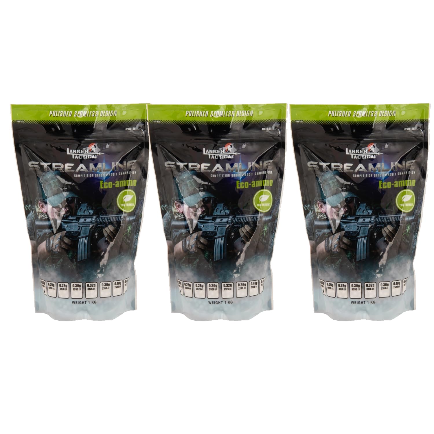 Lancer Tactical outdoor white BBs 3-pack packaging shows durable, field-ready ammo.