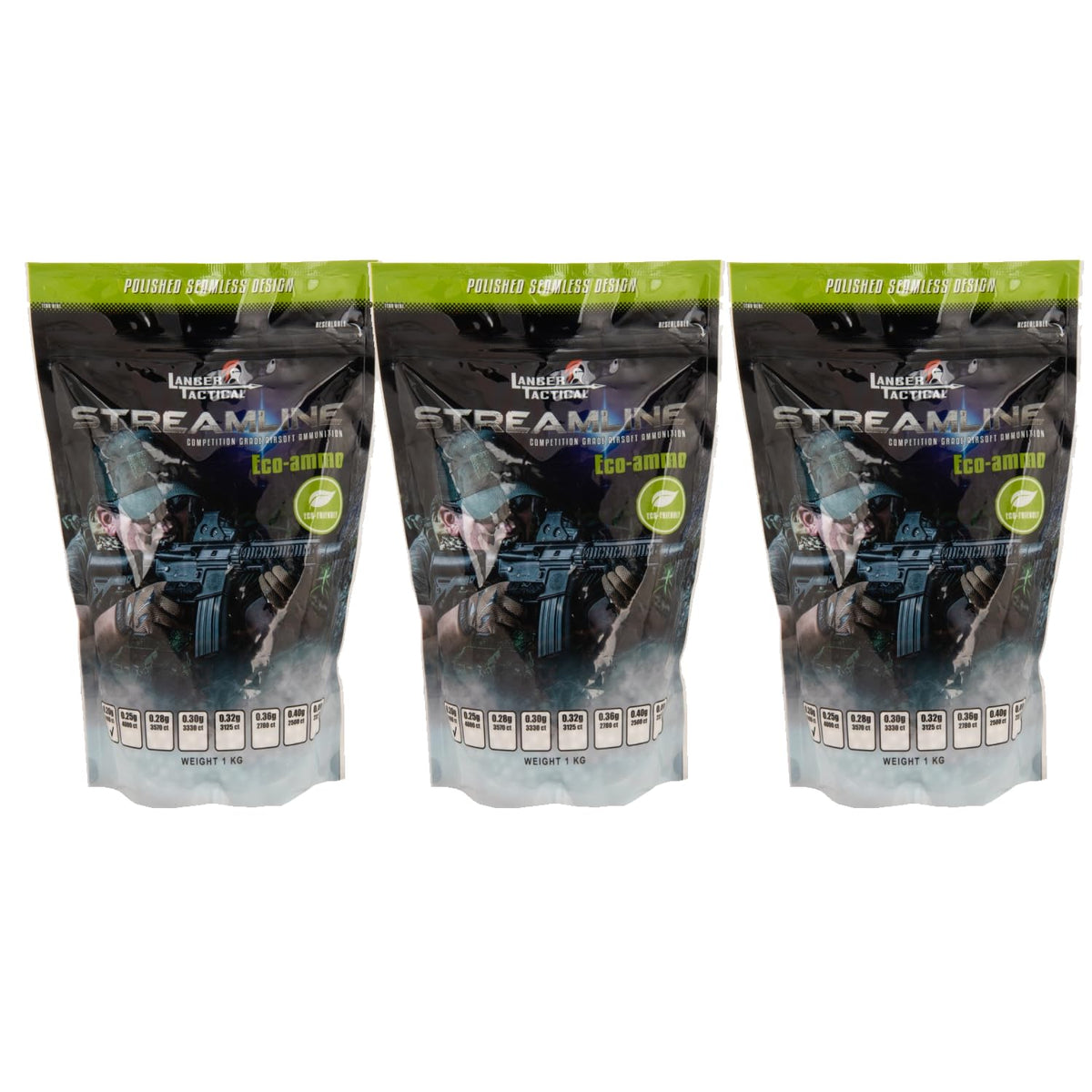 Lancer Tactical outdoor white BBs 3-pack packaging shows durable, field-ready ammo.
