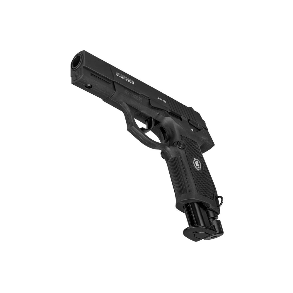 Ergonomic polymer body and textured grip on Lancer Tactical Scorpion launcher.