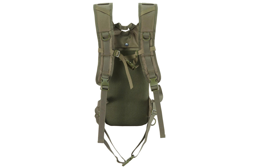 OD green hydration pack with insulated water compartment for cooler drinks on trails.