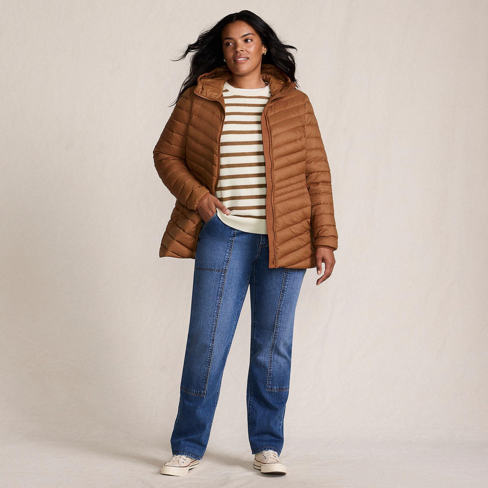 Lands' End deep-pocket down jacket highlighting secure storage for essentials on the go.