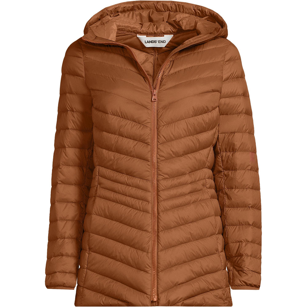 Lands' End lightweight packable down jacket ideal for travel and winter layering in rich ginger brown.
