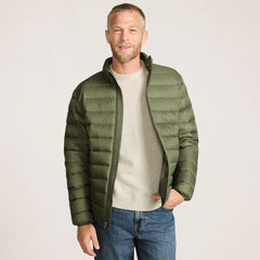 Lands' End Mens Wanderweight Down Jacket River Stone Green packable pouch detail demonstrates easy storage after outdoor adventures.