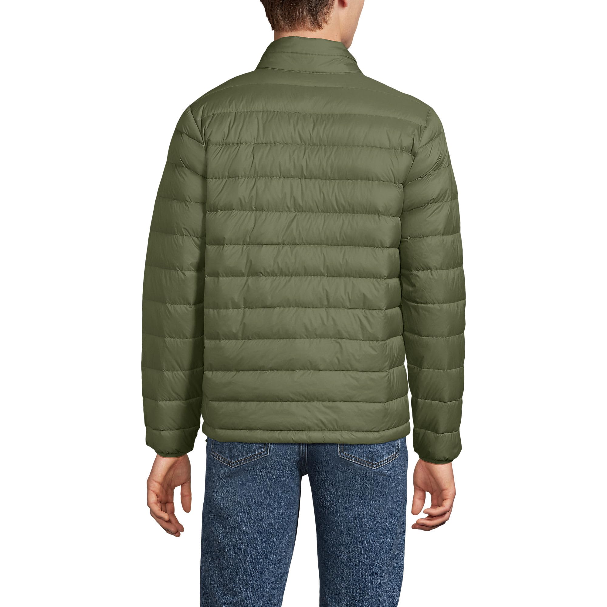 Lands' End Mens Wanderweight Down Jacket River Stone Green side view ideal for layering on chilly commutes.