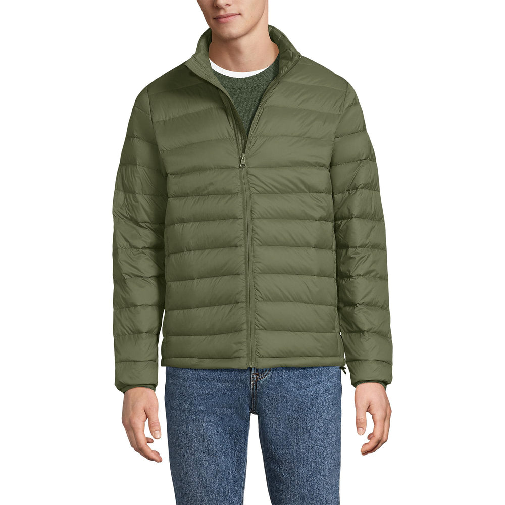 Lands' End Mens Wanderweight Down Jacket River Stone Green fabric texture highlights durable water resistance and soft feel.