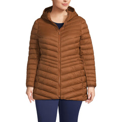 Lands' End packable chevron hooded down jacket offers travel warmth in rich ginger brown.