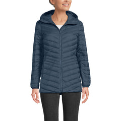 Lands' End packable chevron hooded jacket front view shows lightweight warmth for travel