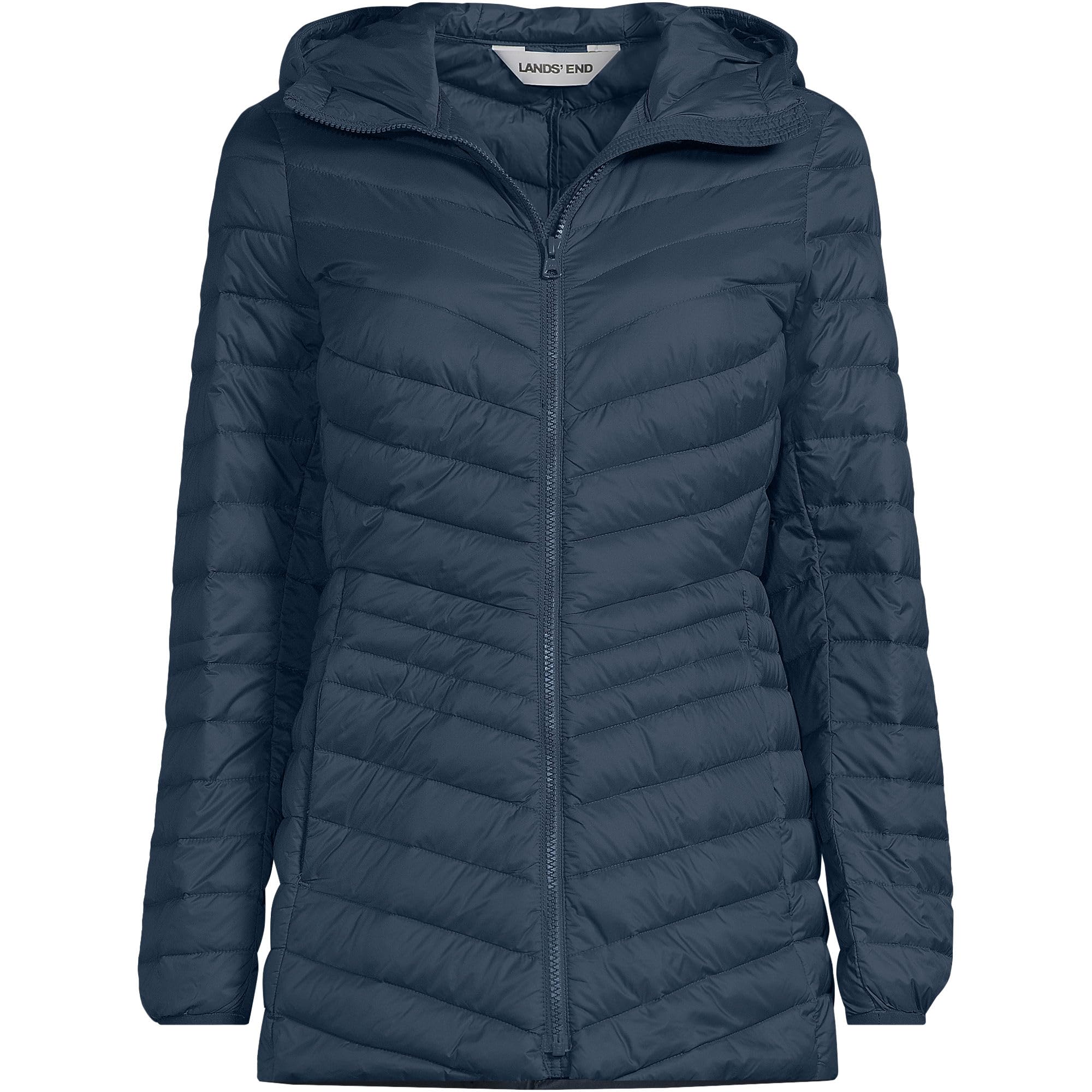 Lands' End chevron hooded jacket hood-up view demonstrates added wind protection