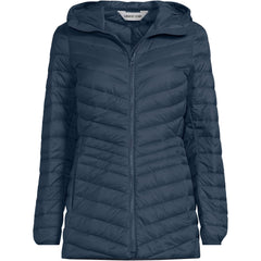 Lands' End chevron hooded jacket hood-up view demonstrates added wind protection