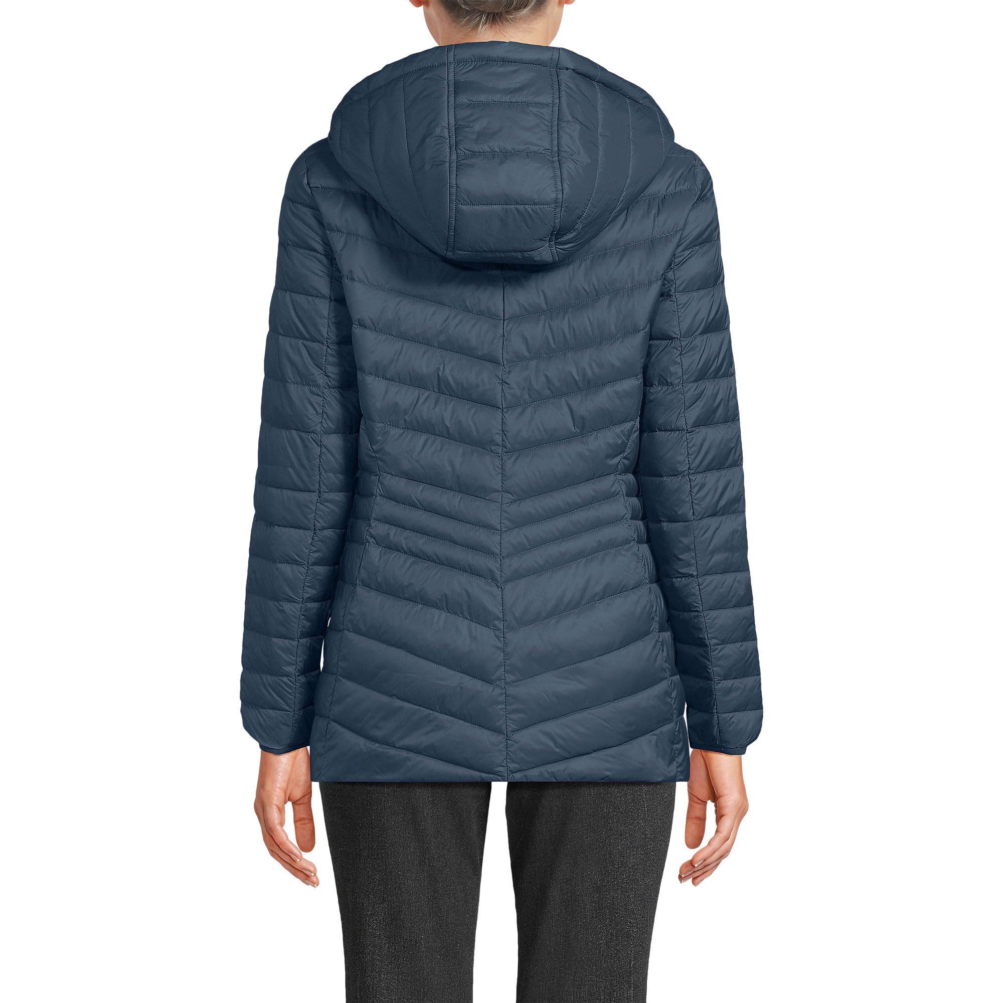 Lands' End packable chevron hooded jacket side view highlights weather-ready protection