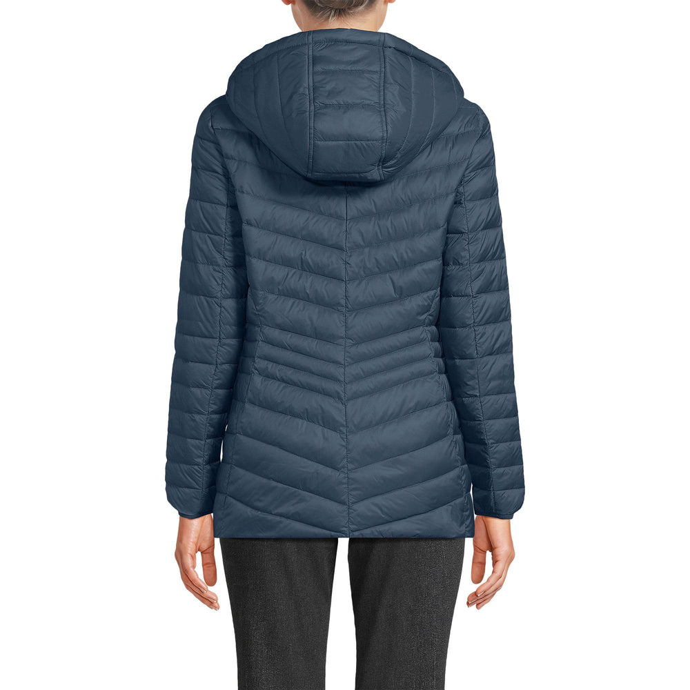 Lands' End packable chevron hooded jacket side view highlights weather-ready protection