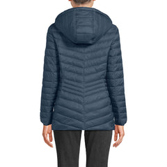 Lands' End packable chevron hooded jacket side view highlights weather-ready protection