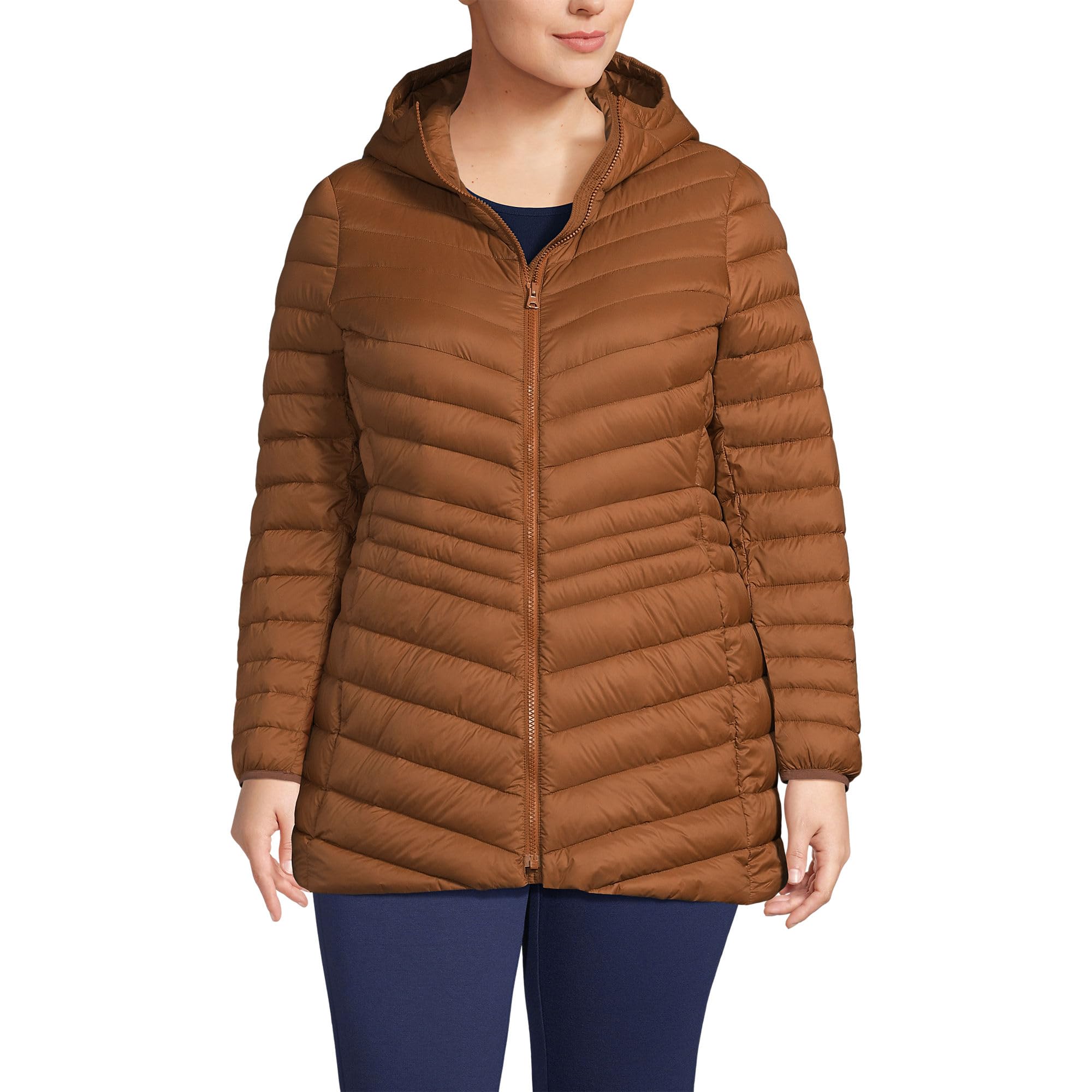 Lands' End women's packable chevron jacket front view with warmth and style.